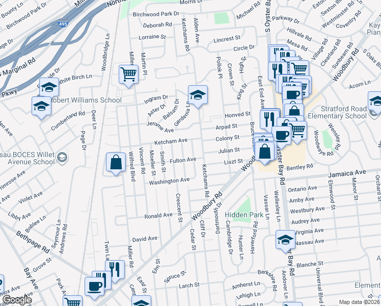 map of restaurants, bars, coffee shops, grocery stores, and more near 26 Adams Street in Hicksville