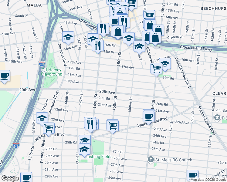 map of restaurants, bars, coffee shops, grocery stores, and more near 149-48 19th Avenue in Queens