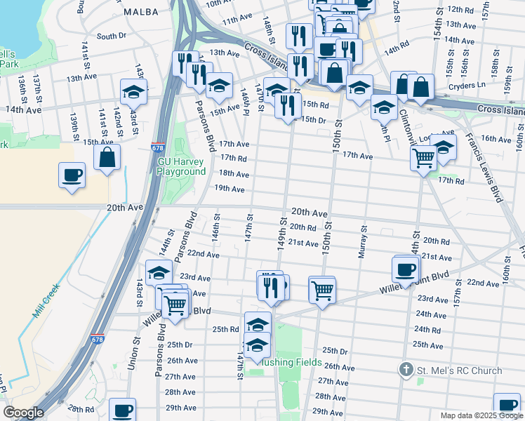 map of restaurants, bars, coffee shops, grocery stores, and more near 147-22 19th Avenue in Queens