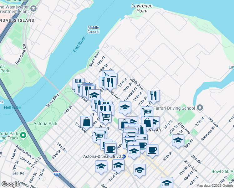map of restaurants, bars, coffee shops, grocery stores, and more near 20-51 23rd Street in Queens