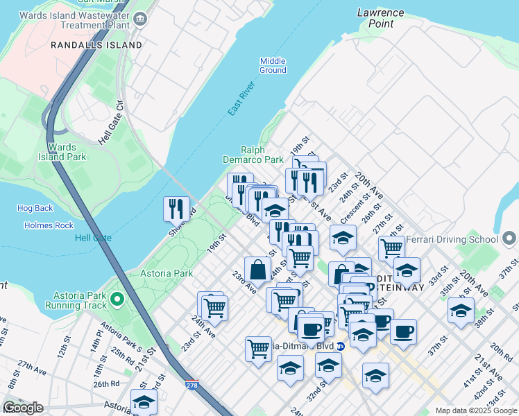 map of restaurants, bars, coffee shops, grocery stores, and more near 21-47 19th Street in Queens