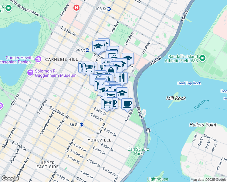 map of restaurants, bars, coffee shops, grocery stores, and more near 327 East 93rd Street in New York