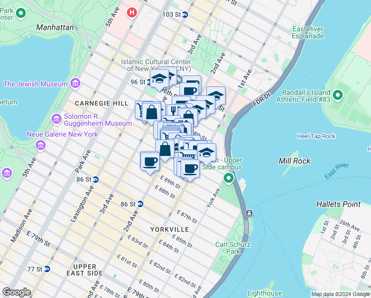 map of restaurants, bars, coffee shops, grocery stores, and more near 240 East 93rd Street in New York