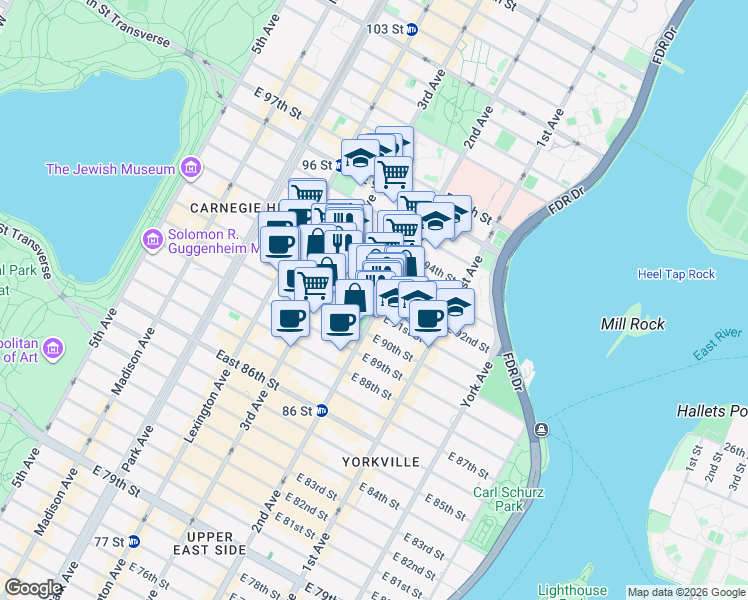 map of restaurants, bars, coffee shops, grocery stores, and more near in New York