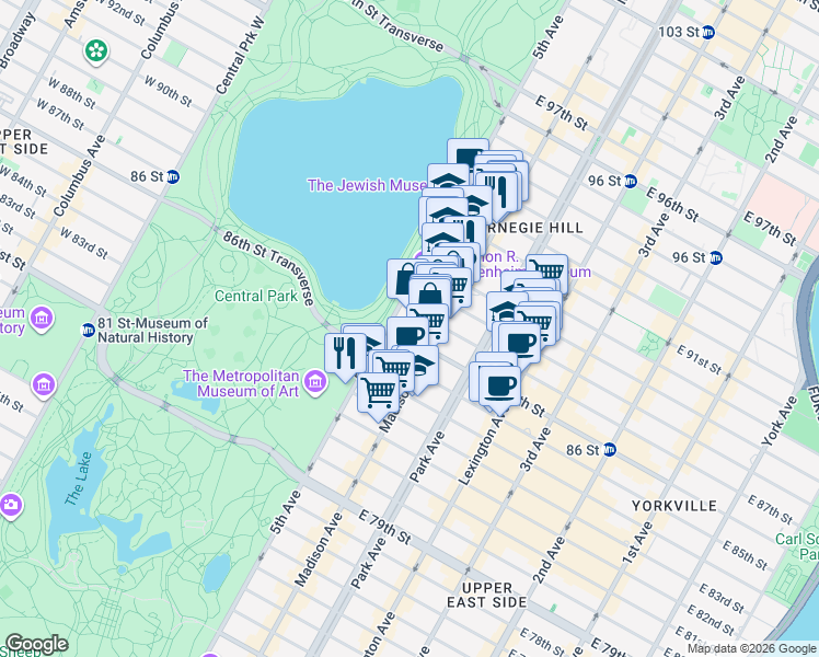 map of restaurants, bars, coffee shops, grocery stores, and more near 11 East 87th Street in New York