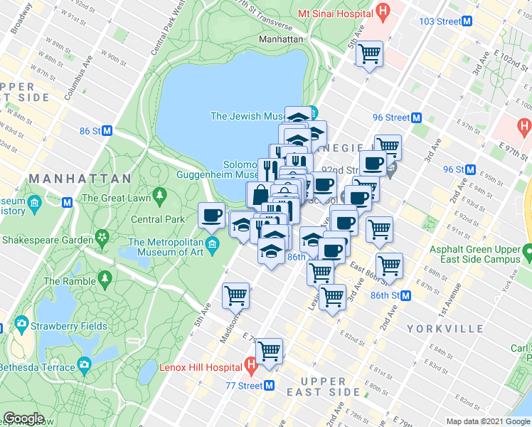 map of restaurants, bars, coffee shops, grocery stores, and more near 1060 Museum Mile in New York