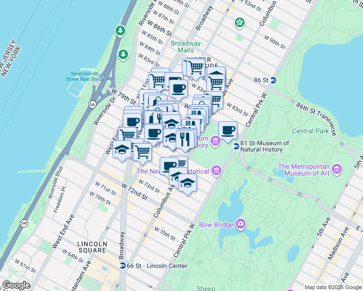 map of restaurants, bars, coffee shops, grocery stores, and more near 129 West 78th Street in New York