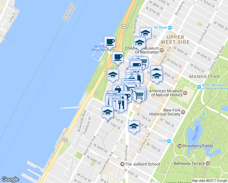 map of restaurants, bars, coffee shops, grocery stores, and more near 23 Riverside Drive in New York