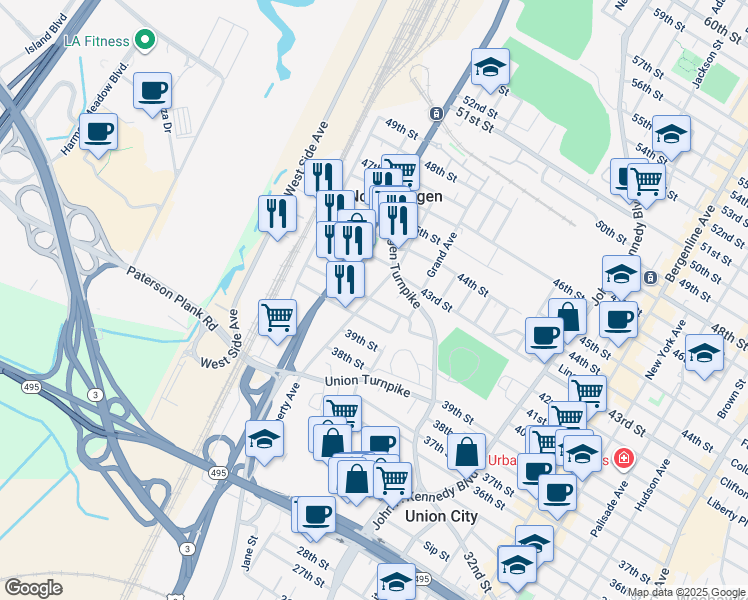 map of restaurants, bars, coffee shops, grocery stores, and more near 1701 43rd Street in North Bergen