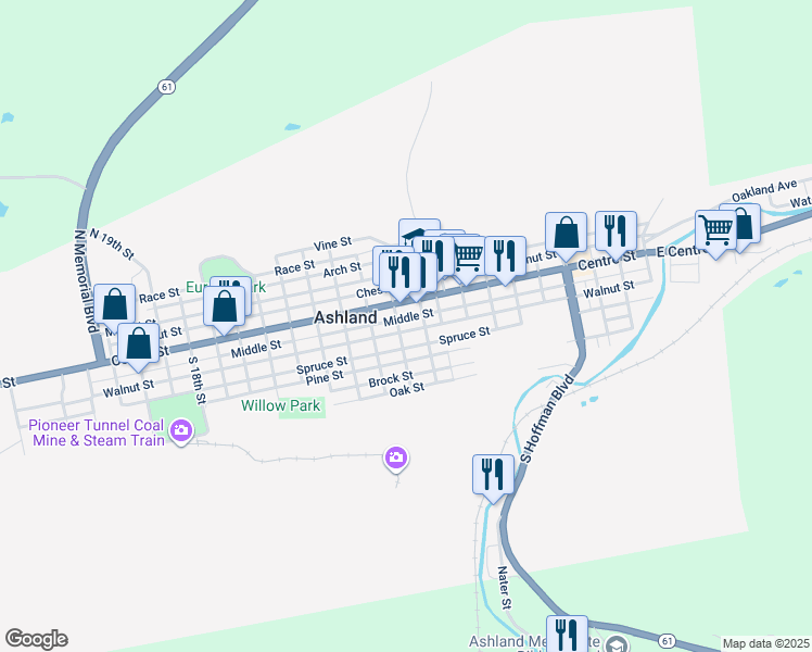 map of restaurants, bars, coffee shops, grocery stores, and more near 1000 Centre Street in Ashland