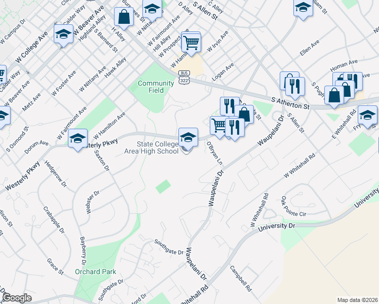 map of restaurants, bars, coffee shops, grocery stores, and more near 600-646 Westerly Parkway in State College