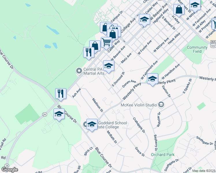 map of restaurants, bars, coffee shops, grocery stores, and more near 238 South Corl Street in State College