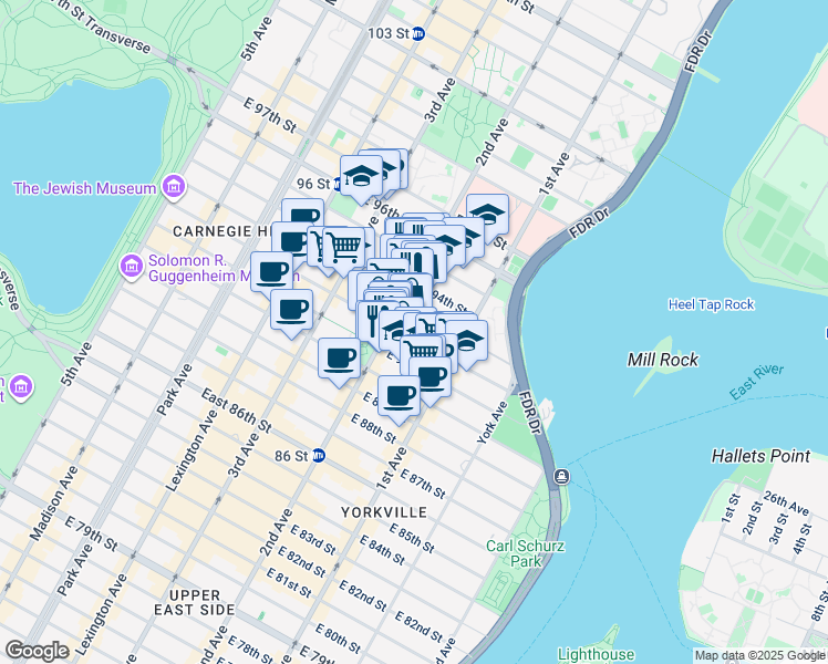 map of restaurants, bars, coffee shops, grocery stores, and more near 313 East 92nd Street in New York
