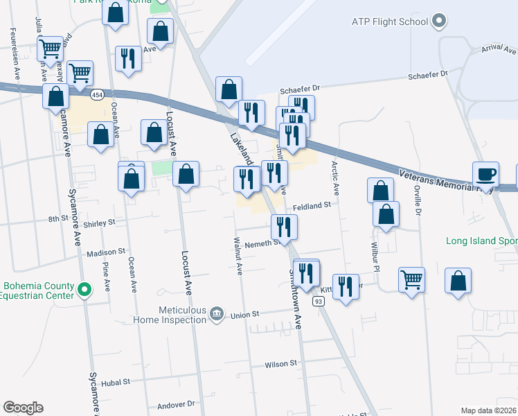 map of restaurants, bars, coffee shops, grocery stores, and more near 1565-1575 Lakeland Ave in Bohemia