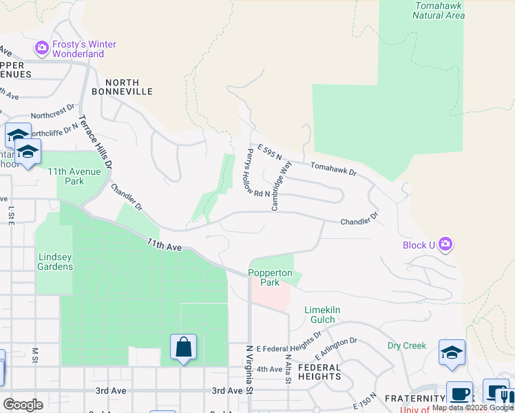 map of restaurants, bars, coffee shops, grocery stores, and more near 523 North Perrys Hollow Road in Salt Lake City