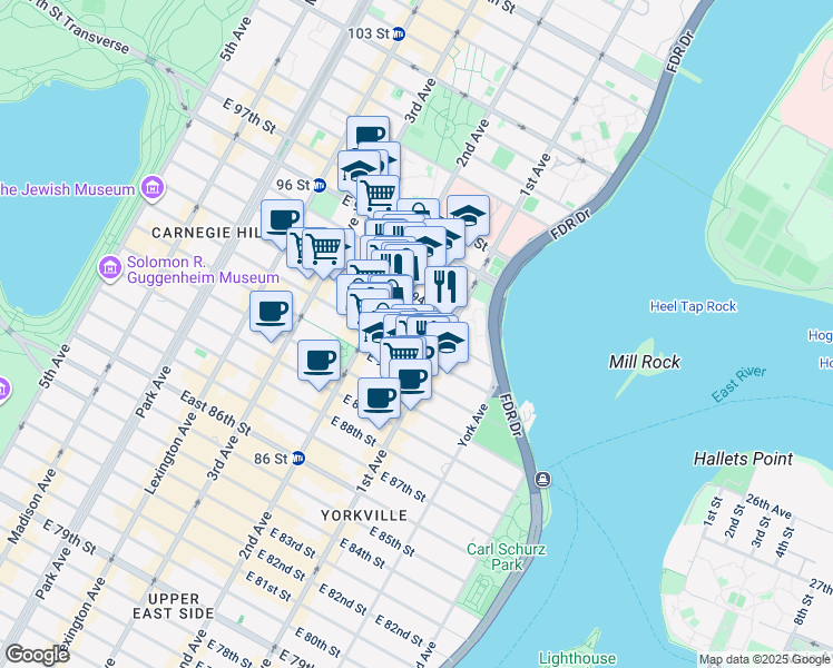 map of restaurants, bars, coffee shops, grocery stores, and more near 327 East 93rd Street in New York