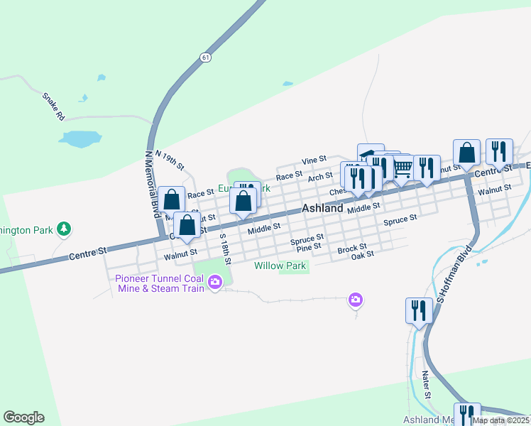 map of restaurants, bars, coffee shops, grocery stores, and more near 1503 Centre Street in Ashland