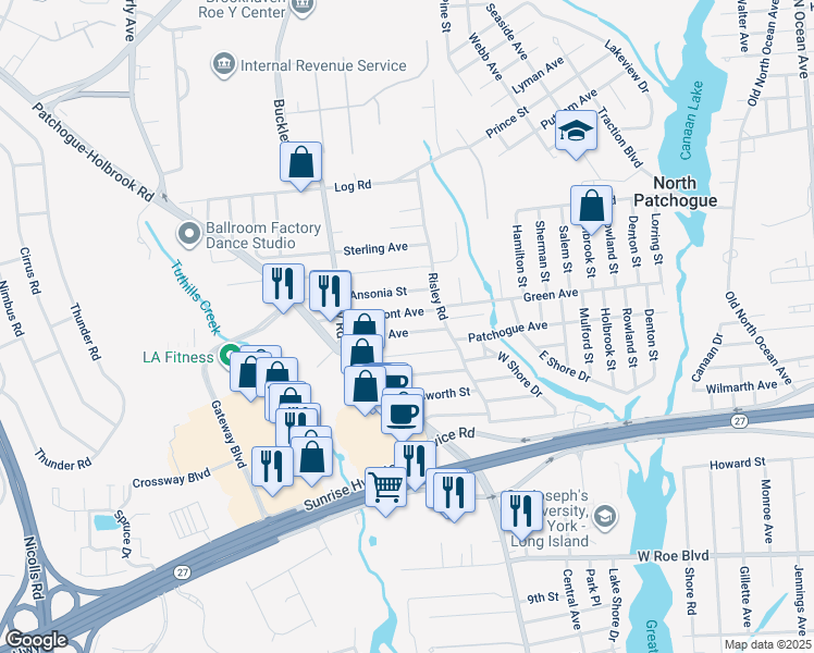 map of restaurants, bars, coffee shops, grocery stores, and more near 15 Evans Avenue in Patchogue