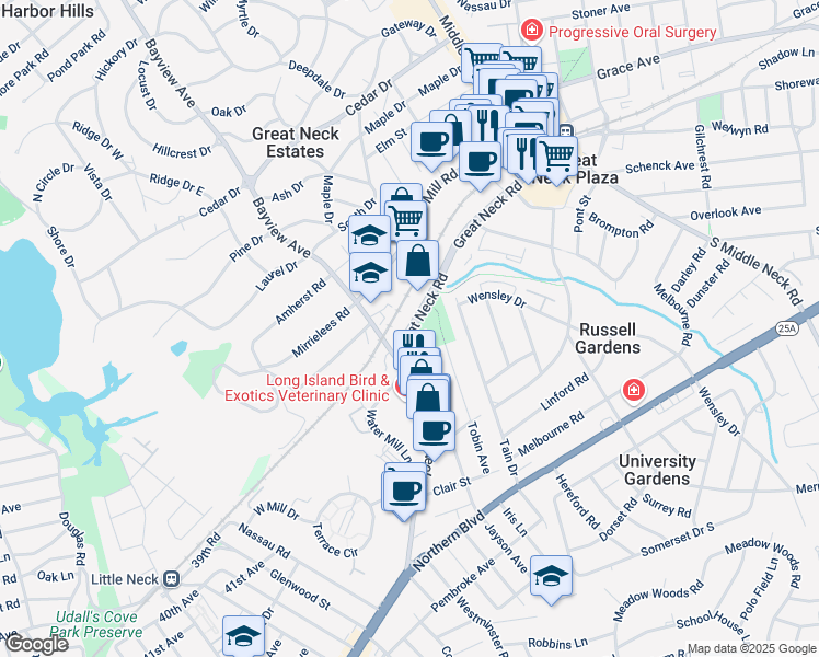 map of restaurants, bars, coffee shops, grocery stores, and more near Great Neck Road & Jayson Avenue in Great Neck