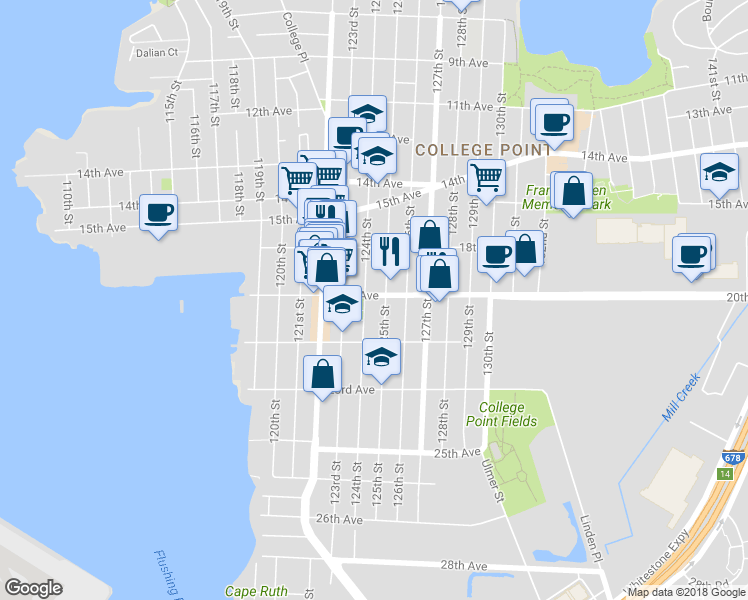 map of restaurants, bars, coffee shops, grocery stores, and more near 124-08 20th Avenue in Queens
