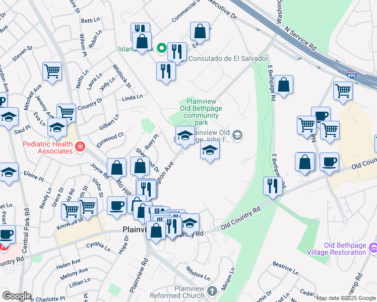 map of restaurants, bars, coffee shops, grocery stores, and more near 144 Washington Avenue in Plainview