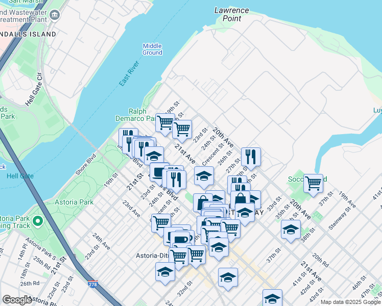 map of restaurants, bars, coffee shops, grocery stores, and more near 20-51 23rd Street in Queens