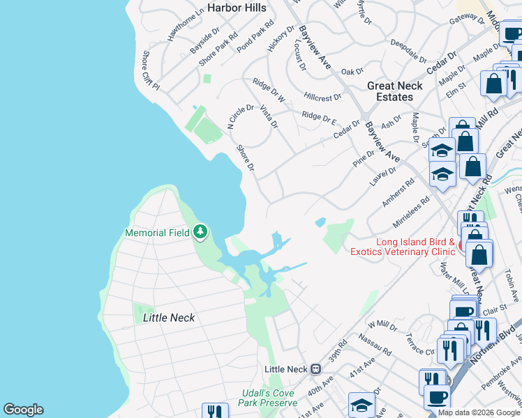 map of restaurants, bars, coffee shops, grocery stores, and more near 7 Juniper Drive in Great Neck