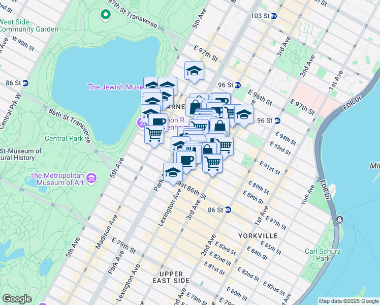 map of restaurants, bars, coffee shops, grocery stores, and more near 108 East 89th Street in New York