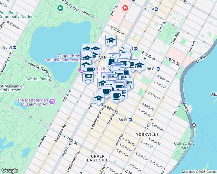 map of restaurants, bars, coffee shops, grocery stores, and more near 108 East 89th Street in New York