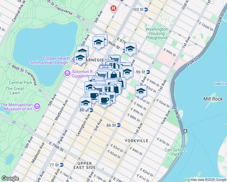 map of restaurants, bars, coffee shops, grocery stores, and more near 177 East 90th Street in New York