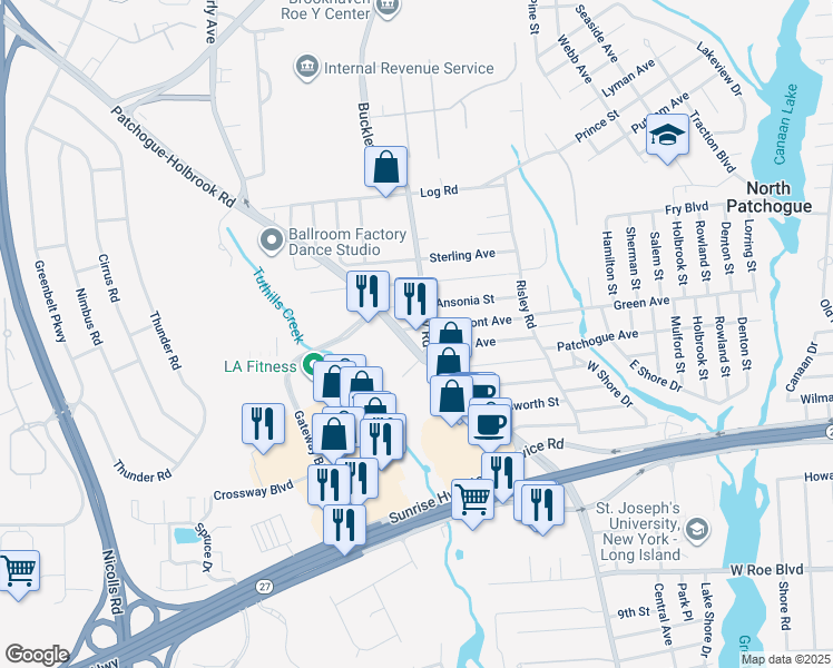 map of restaurants, bars, coffee shops, grocery stores, and more near 30 Buckley Road in Patchogue