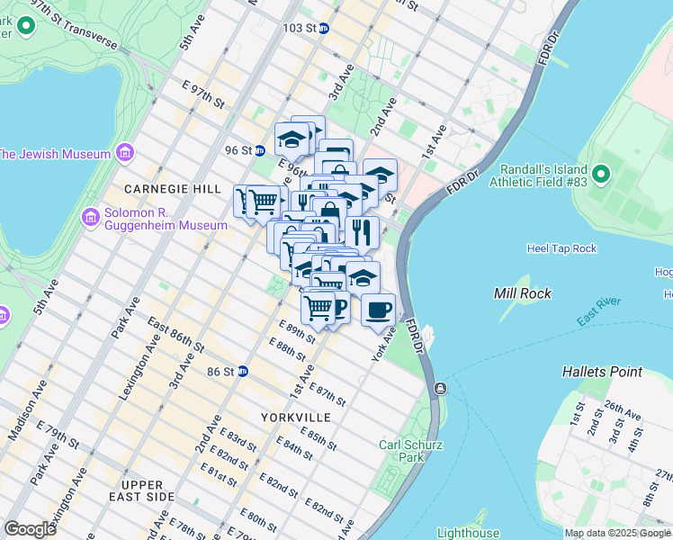 map of restaurants, bars, coffee shops, grocery stores, and more near 326 East 93rd Street in New York