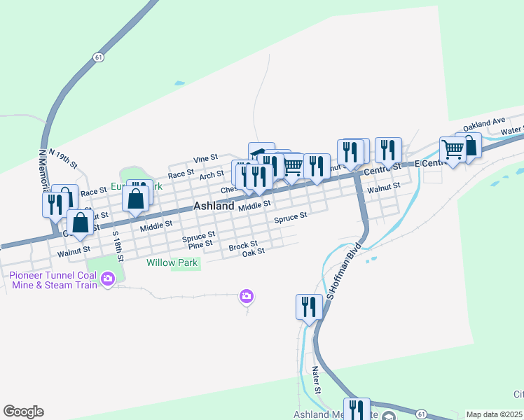 map of restaurants, bars, coffee shops, grocery stores, and more near 915 Walnut Street in Ashland