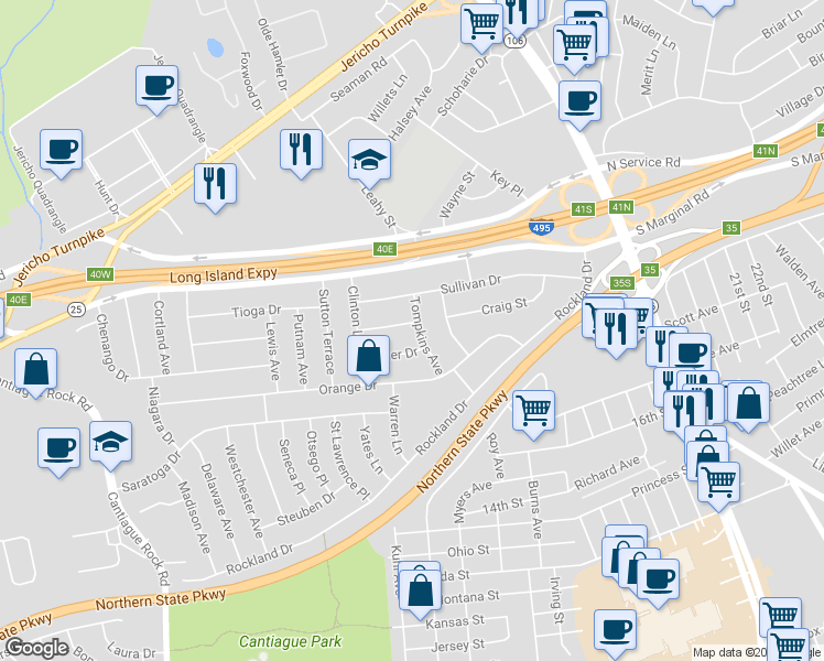 map of restaurants, bars, coffee shops, grocery stores, and more near 11 Tompkins Avenue in Jericho