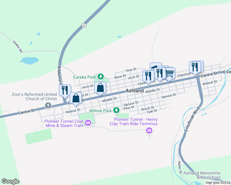 map of restaurants, bars, coffee shops, grocery stores, and more near 1421 Centre Street in Ashland
