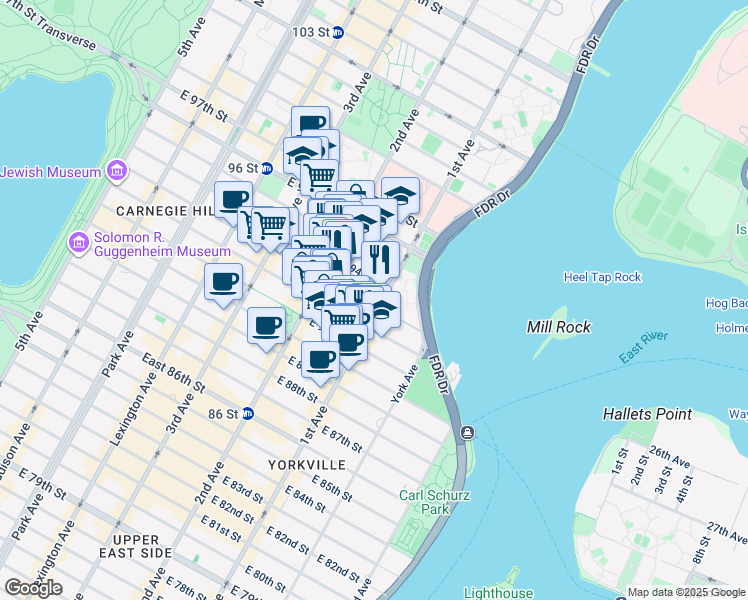 map of restaurants, bars, coffee shops, grocery stores, and more near 327 East 93rd Street in New York