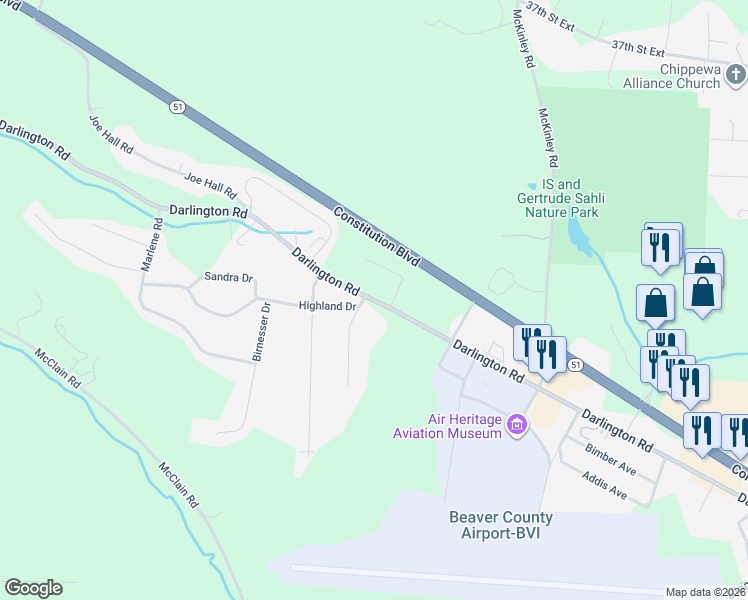 map of restaurants, bars, coffee shops, grocery stores, and more near 2835 Darlington Road in Beaver Falls