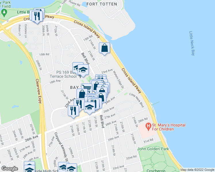 map of restaurants, bars, coffee shops, grocery stores, and more near 215-20 23rd Road in Queens