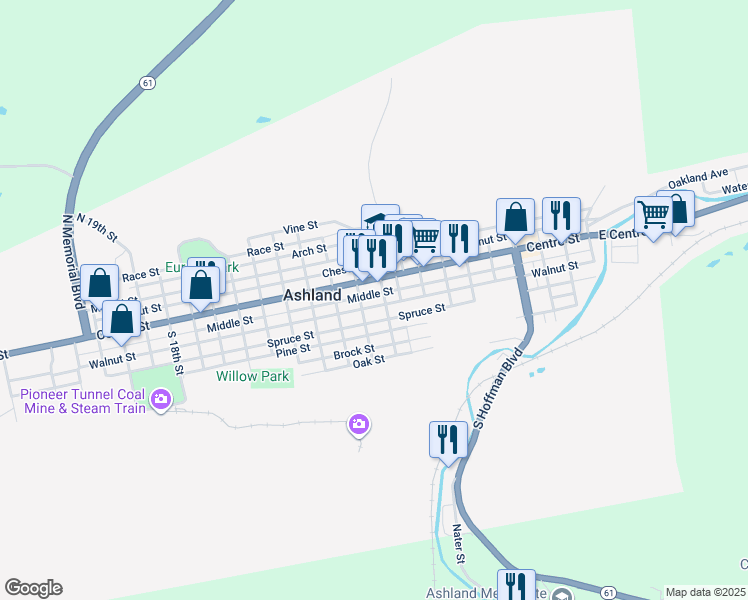map of restaurants, bars, coffee shops, grocery stores, and more near 915 Walnut Street in Ashland