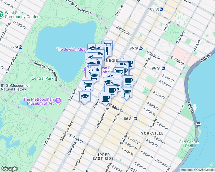 map of restaurants, bars, coffee shops, grocery stores, and more near 1088 Park Avenue in New York