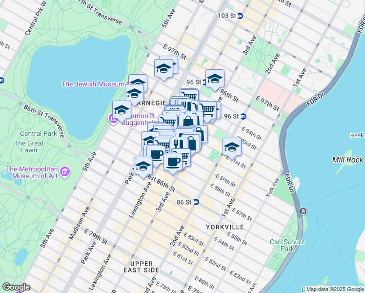 map of restaurants, bars, coffee shops, grocery stores, and more near 170 East 90th Street in New York