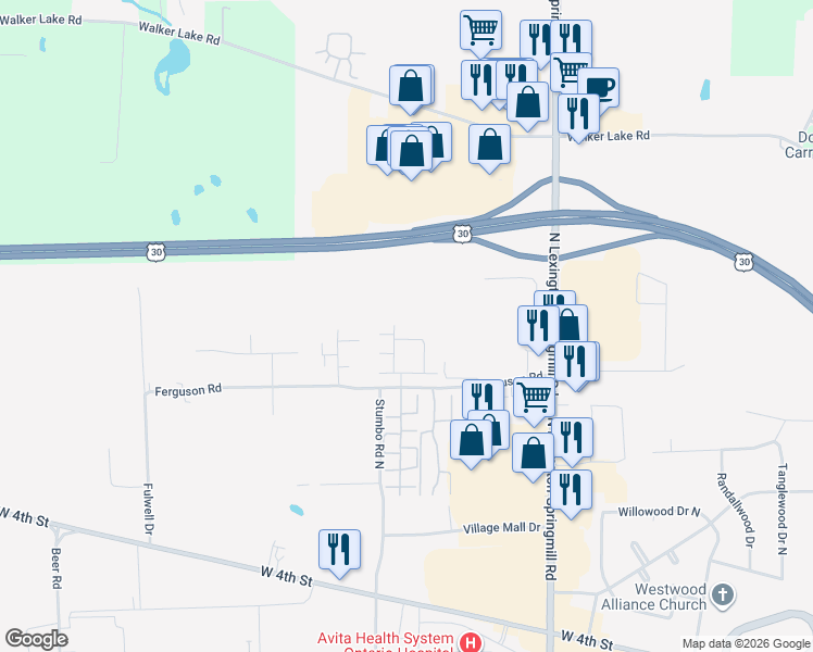 map of restaurants, bars, coffee shops, grocery stores, and more near 2248 Ferguson Road in Ontario