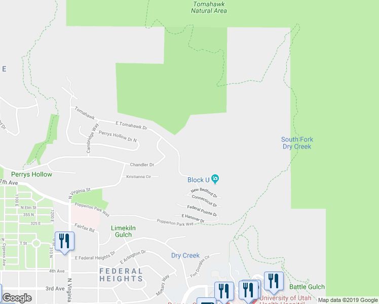 map of restaurants, bars, coffee shops, grocery stores, and more near 1565 East Tomahawk Drive in Salt Lake City