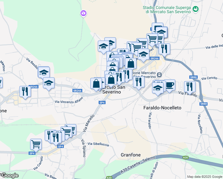 map of restaurants, bars, coffee shops, grocery stores, and more near in Mercato San Severino