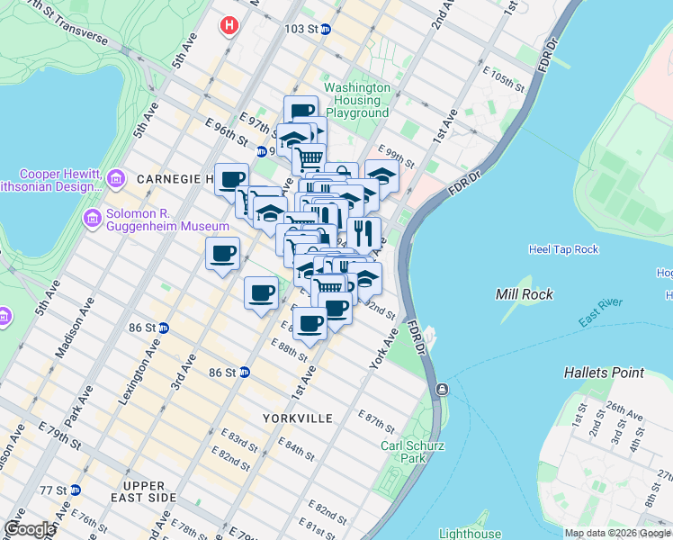 map of restaurants, bars, coffee shops, grocery stores, and more near 327 East 93rd Street in New York
