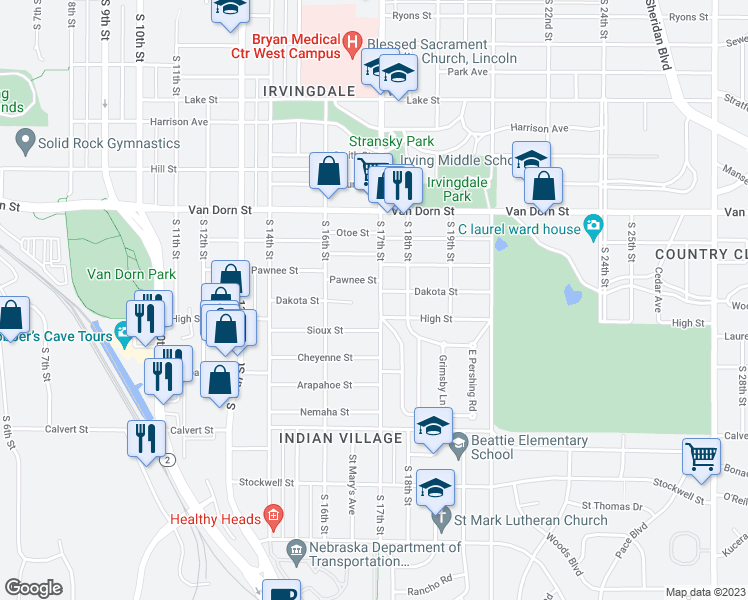 map of restaurants, bars, coffee shops, grocery stores, and more near 3101 South 17th Street in Lincoln