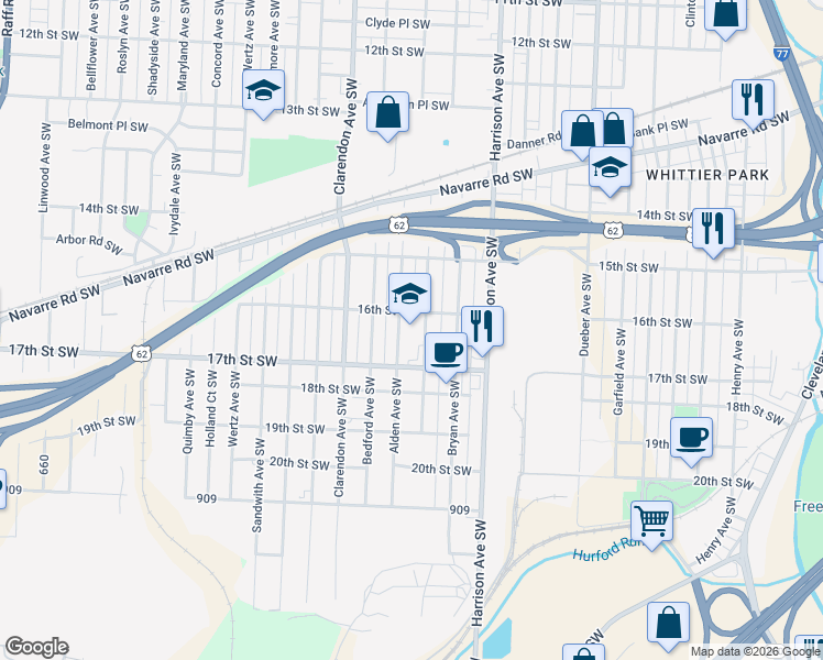 map of restaurants, bars, coffee shops, grocery stores, and more near 2339 17th Street Southwest in Canton
