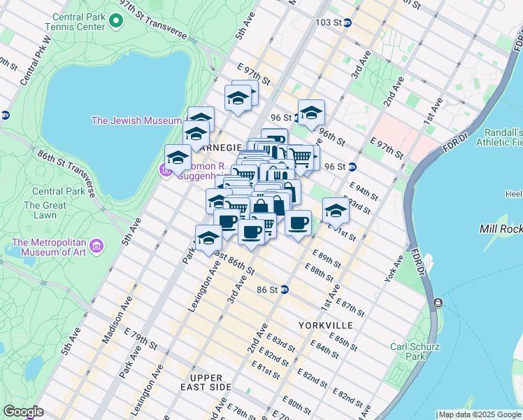 map of restaurants, bars, coffee shops, grocery stores, and more near 164 East 90th Street in New York
