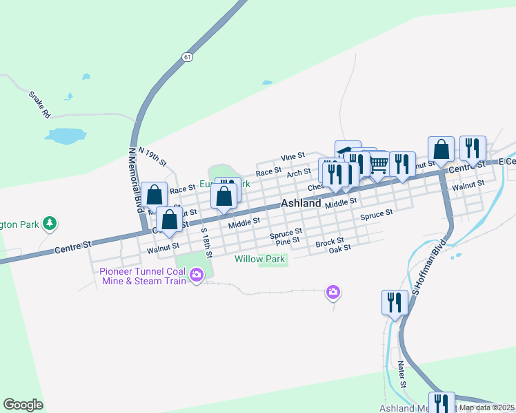 map of restaurants, bars, coffee shops, grocery stores, and more near 1435 Centre Street in Ashland