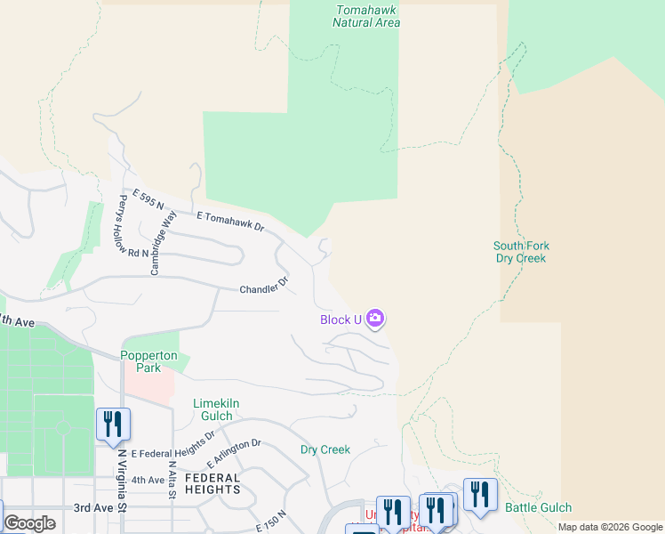 map of restaurants, bars, coffee shops, grocery stores, and more near 1565 East Tomahawk Drive in Salt Lake City